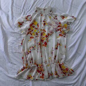 sheer floral coquette mock neck blouse